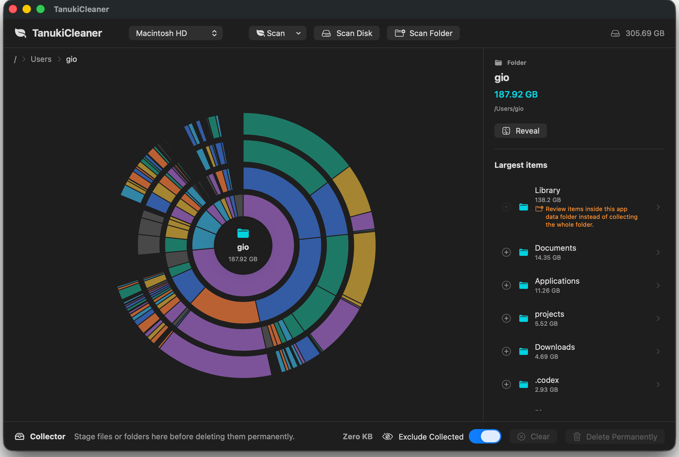 Tanuki Cleaner displaying a scanned folder as a colorful disk map, with the largest folders listed alongside it and an empty Collector below.